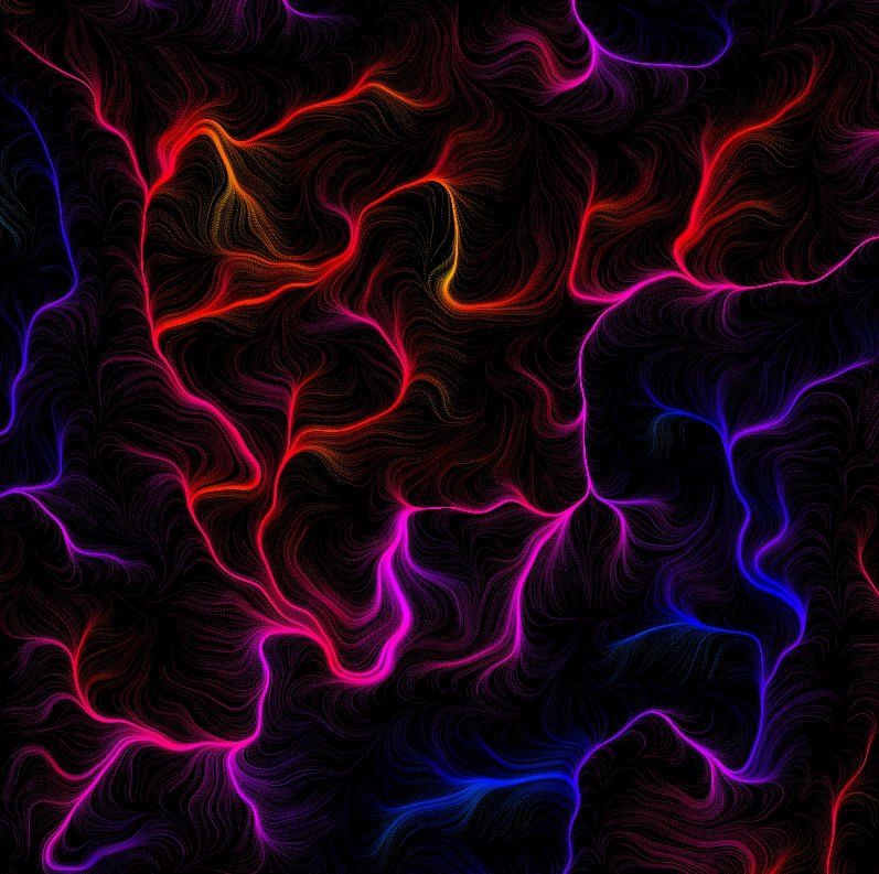Trazos orgánicos luminosos en tonos rosa y rojo