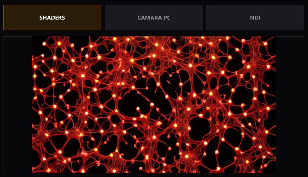 Selector de entrada de la IA: Shaders, Cámara PC y NDI, con la salida de la IA debajo