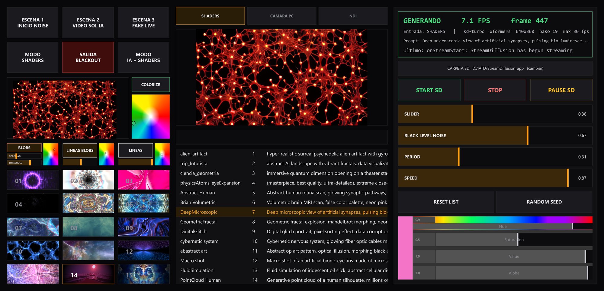 Panel de control de Percepción Expandida en TouchDesigner con la IA generando en vivo a partir de un shader