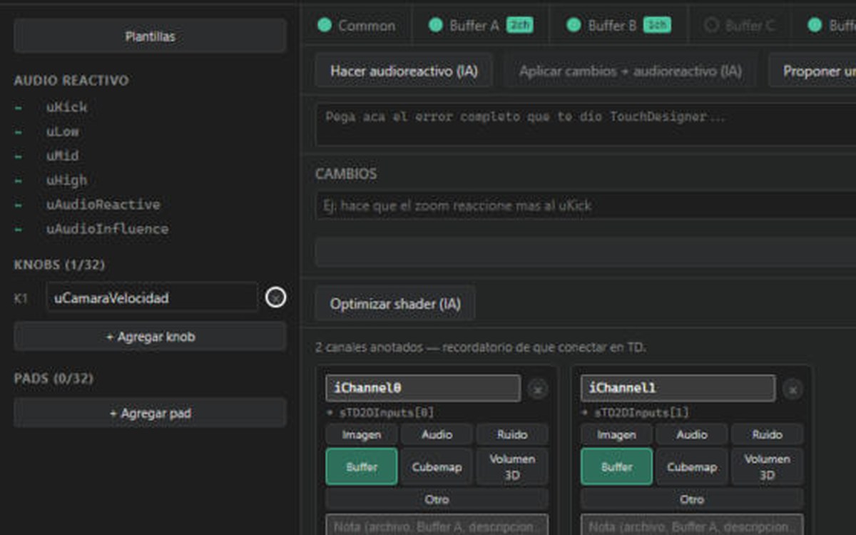 Panel de controles: audio reactivo, knobs y pads