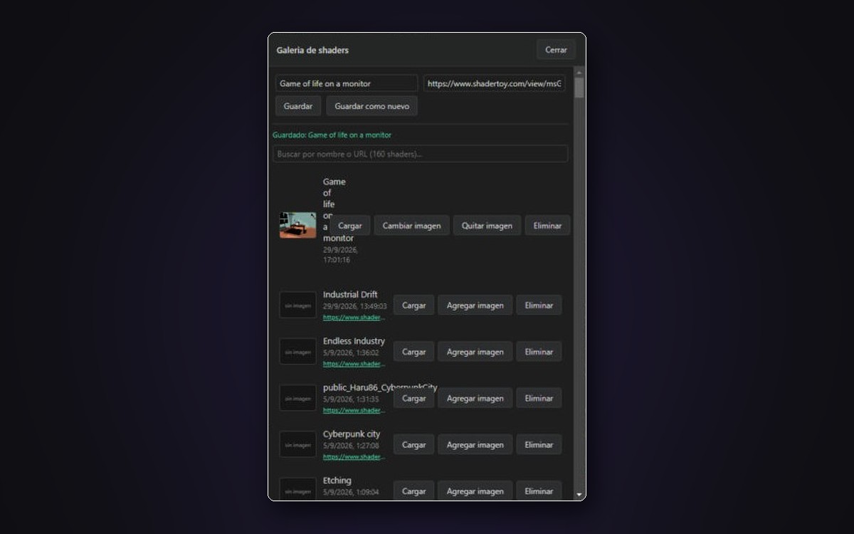 Galería de shaders guardados con buscador y miniaturas