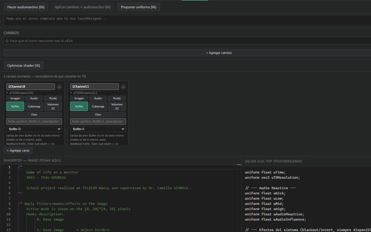 Herramientas de IA: audio reactivo, cambios con palabras, optimizar y debug