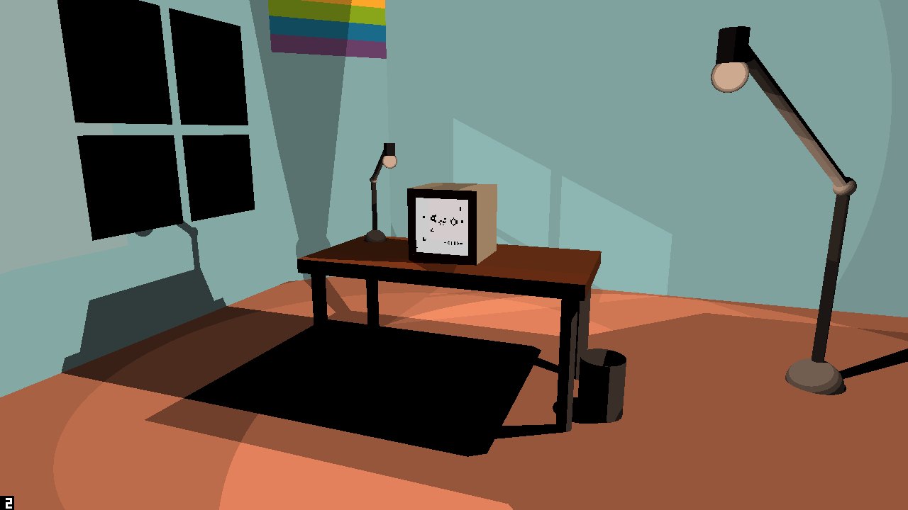 Escena 3D de un escritorio con un monitor mostrando el Juego de la Vida, renderizada en TouchDesigner