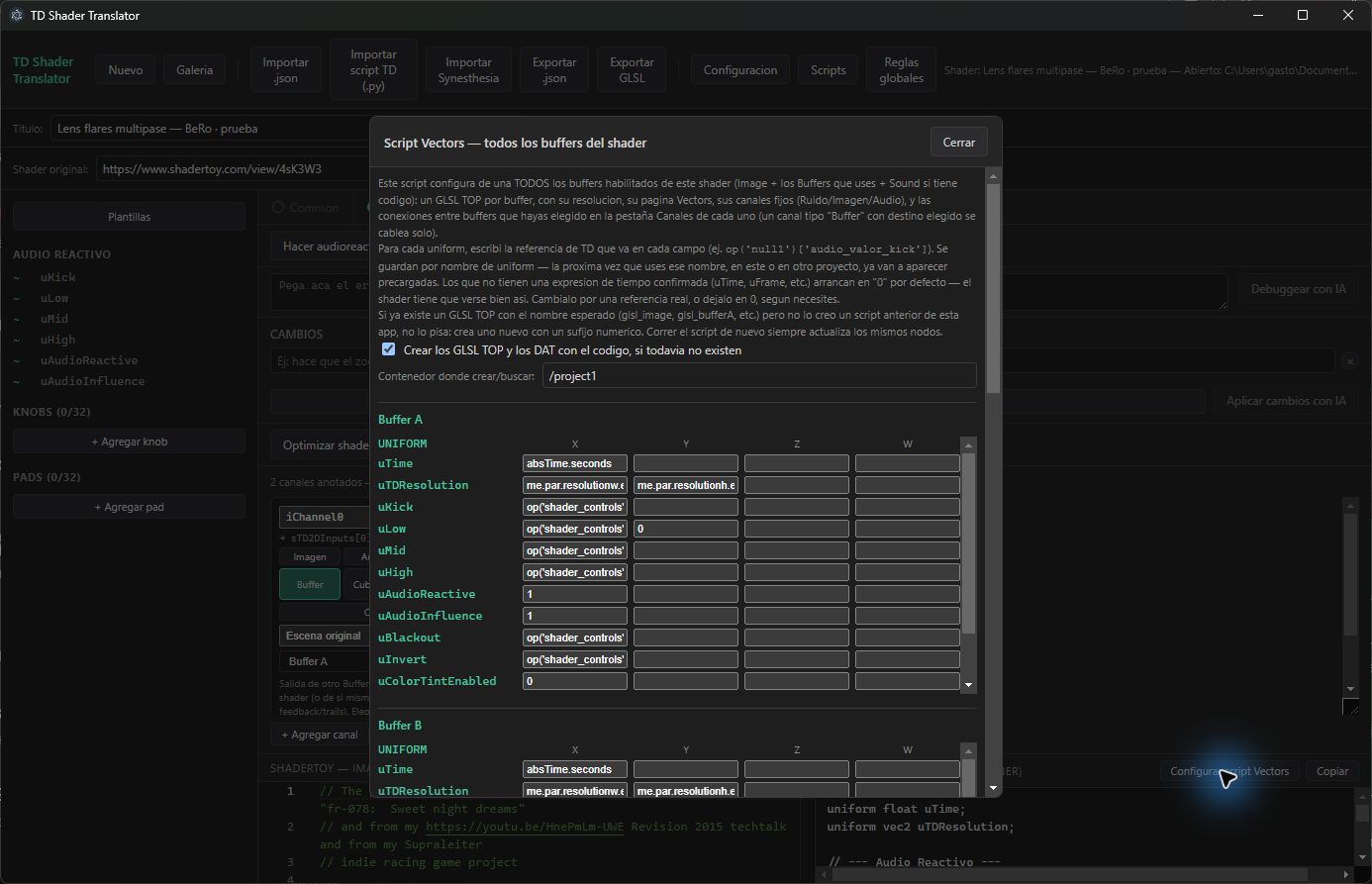 Configurar script Vectors: creación de GLSL TOP, contenedor y uniforms vinculados a shader_controls