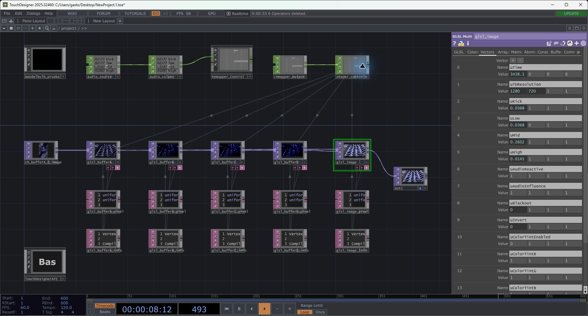 Red completa en TouchDesigner: textura de entrada, cuatro buffers, pase Image y líneas de referencia desde shader_controls