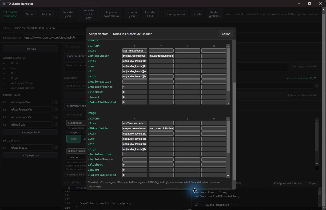 TD Shader Translator: exportación de Buffer A e Image con referencias a las bandas de audio